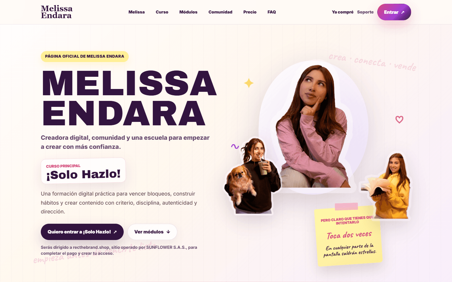 Portada del sitio web de Melissa Endara y su curso Solo Hazlo